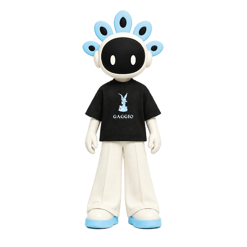 Astro Gio: a miniature astronaut with a five-lobe blue peacock crest, black GAGGIO T-shirt with a blue angel statue print, cream wide trousers, and white shoes with blue soles