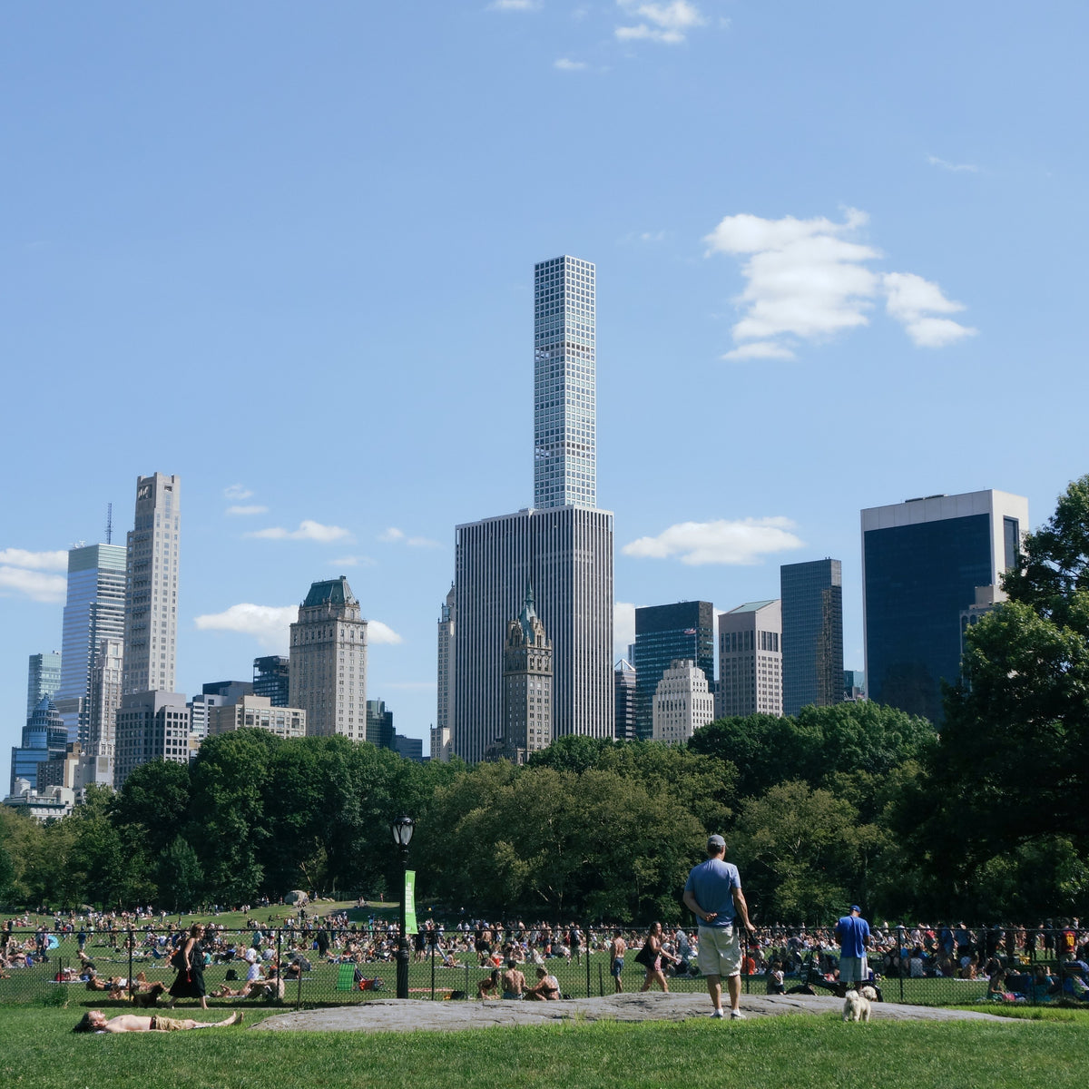 Central Park lawn with people relaxing in the sun, trees, and the Midtown Manhattan skyline under a blue sky