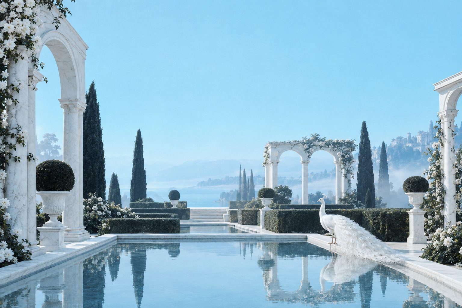 A white peacock beside a reflecting pool in a marble garden under a pale blue sky